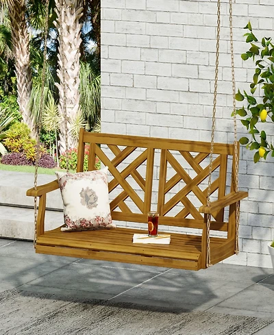 Simplie Fun Acacia Wood Porch Swing With Slat Panel Seating