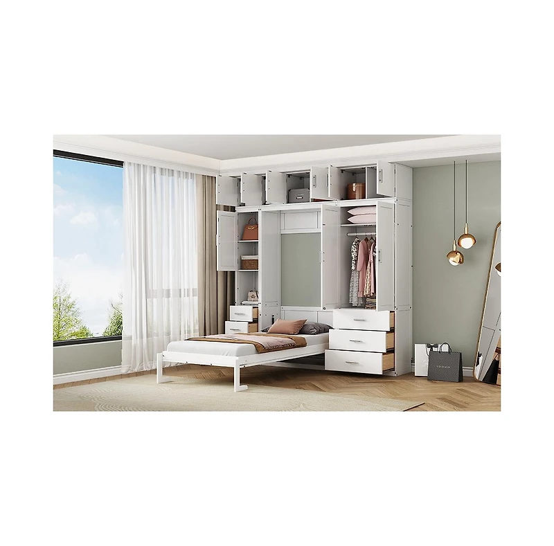 Streamdale Furniture Twin Size Murphy Bed with Lockers & Wardrobes, White