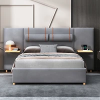 Streamdale Queen Bed with Outlets, Pillows, Shelves, Velvet