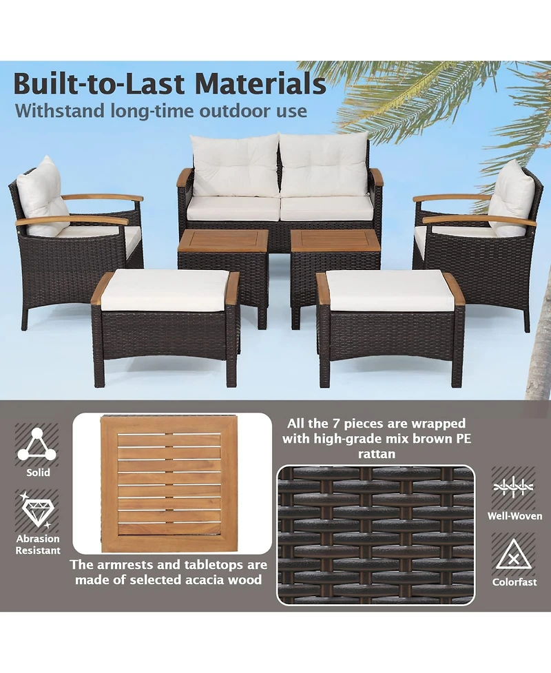 Sugift 7 Piece Rattan Patio Sofa Set with Acacia Wood Tabletop and Armrests