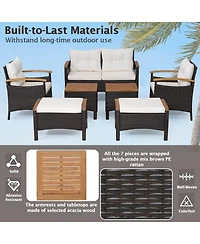 Sugift 7 Piece Rattan Patio Sofa Set with Acacia Wood Tabletop and Armrests