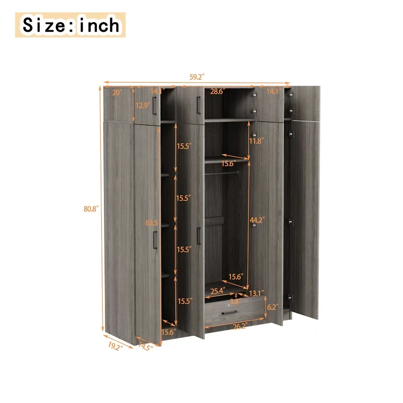 Streamdale 4-Door Gray Wardrobe with Drawer & Cabinet