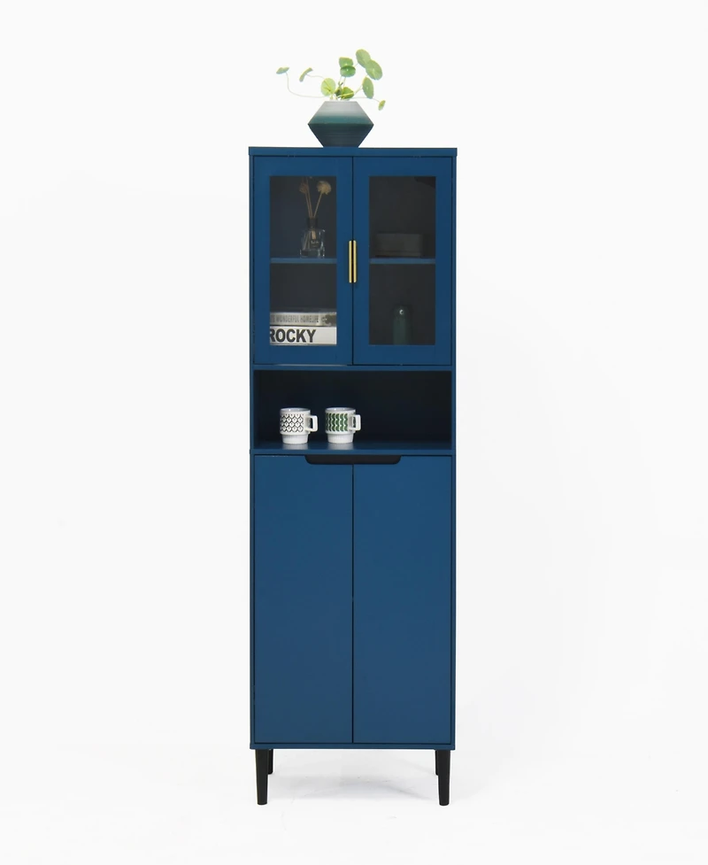 Streamdale Furniture Tall Storage Cabinet with Glass Display & Doors, Modern Blue Cabinet