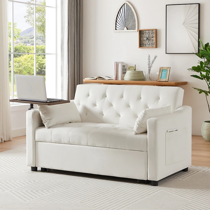Streamdale Cream Velvet Sofa Bed with Adjustable Positions