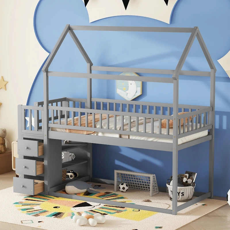 Simplie Fun Twin House Bunk Bed with Storage and Play Area in Gray