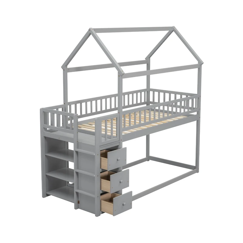 Simplie Fun Twin House Bunk Bed with Storage and Play Area in Gray