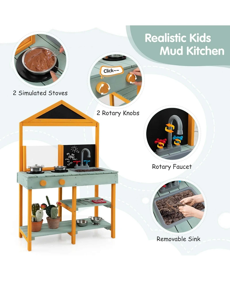 Costway Kids Kitchen Playset Outdoor Mud Kitchen with Root Viewer Planter Removable Sink