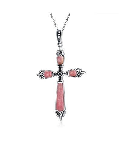 Bling Jewelry Western Style Spiritual Religious Blue Natural Turquoise Fleur De Lis Cross Pendant Necklace Oxidized Sterling Silver