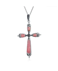 Bling Jewelry Western Style Spiritual Religious Blue Natural Turquoise Fleur De Lis Cross Pendant Necklace Oxidized Sterling Silver