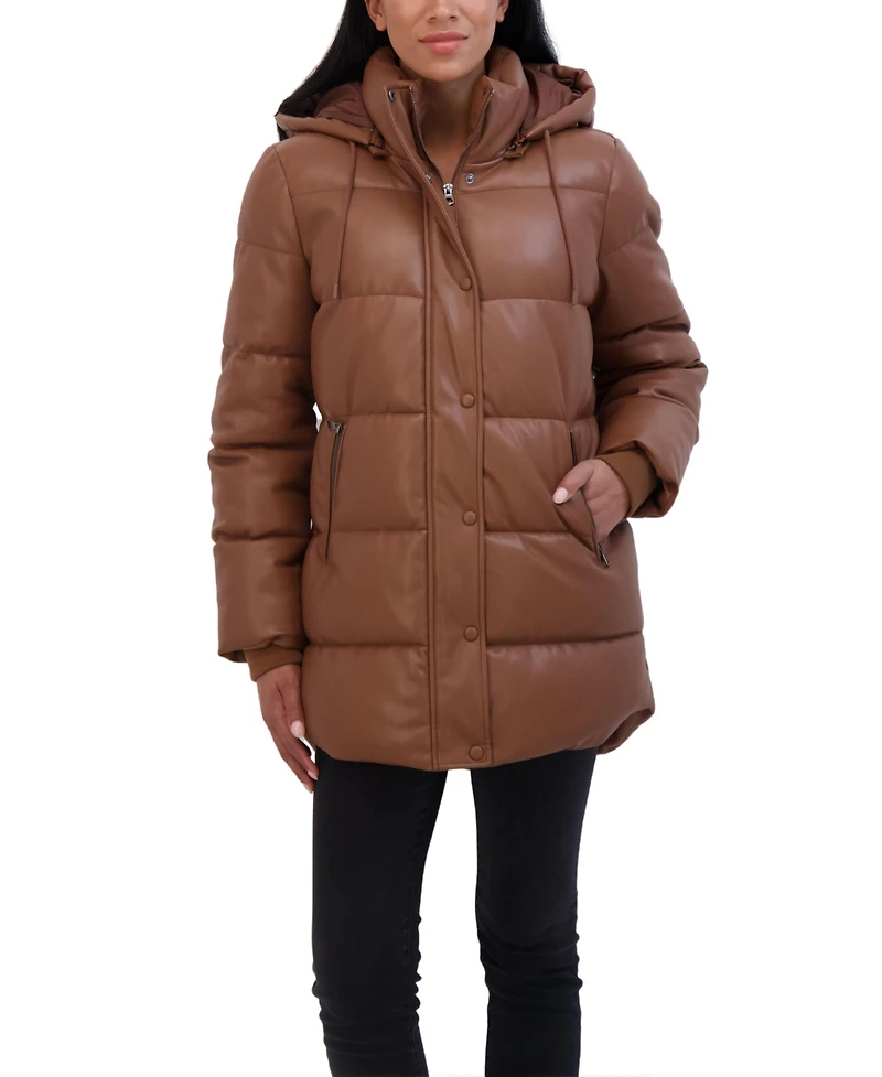 Sebby Collection Women's Faux Leather 3/4 Puffer Jacket With Hood