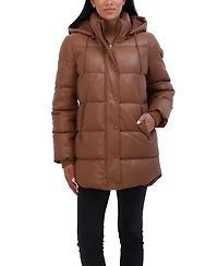 Sebby Collection Women's Faux Leather 3/4 Puffer Jacket With Hood