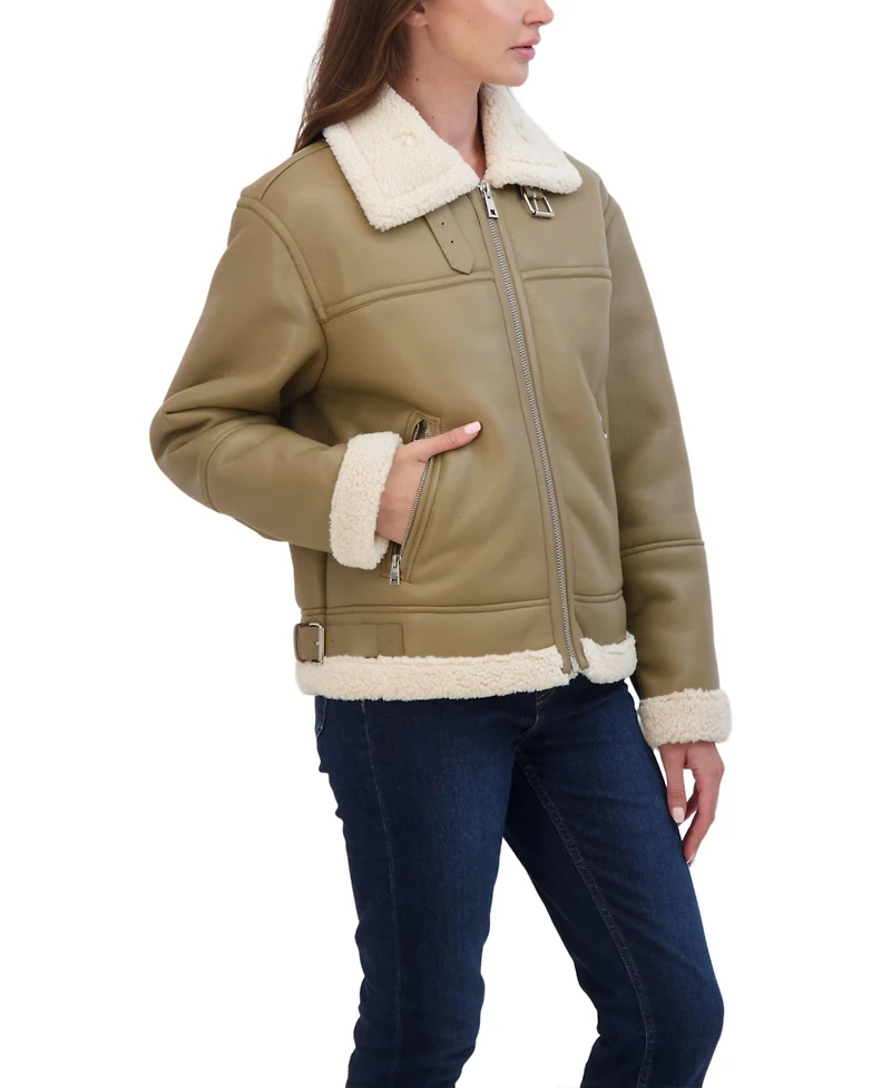 Sebby Collection Women's Zip Front Faux Leather Shearling Jacket