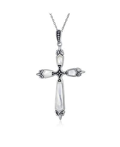 Bling Jewelry Western Style Spiritual Religious Blue Natural Turquoise Fleur De Lis Cross Pendant Necklace Oxidized Sterling Silver