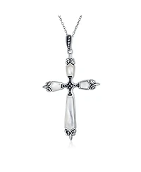 Bling Jewelry Western Style Spiritual Religious Blue Natural Turquoise Fleur De Lis Cross Pendant Necklace Oxidized Sterling Silver