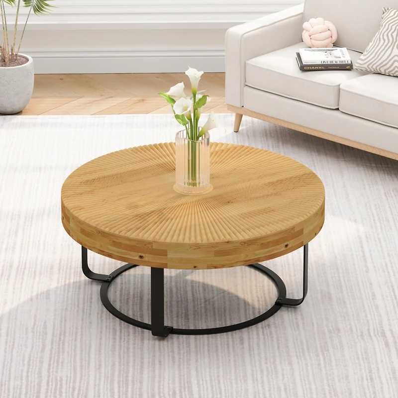 Streamdale Modern Round Coffee Table with Carved Pine Top and Metal Legs