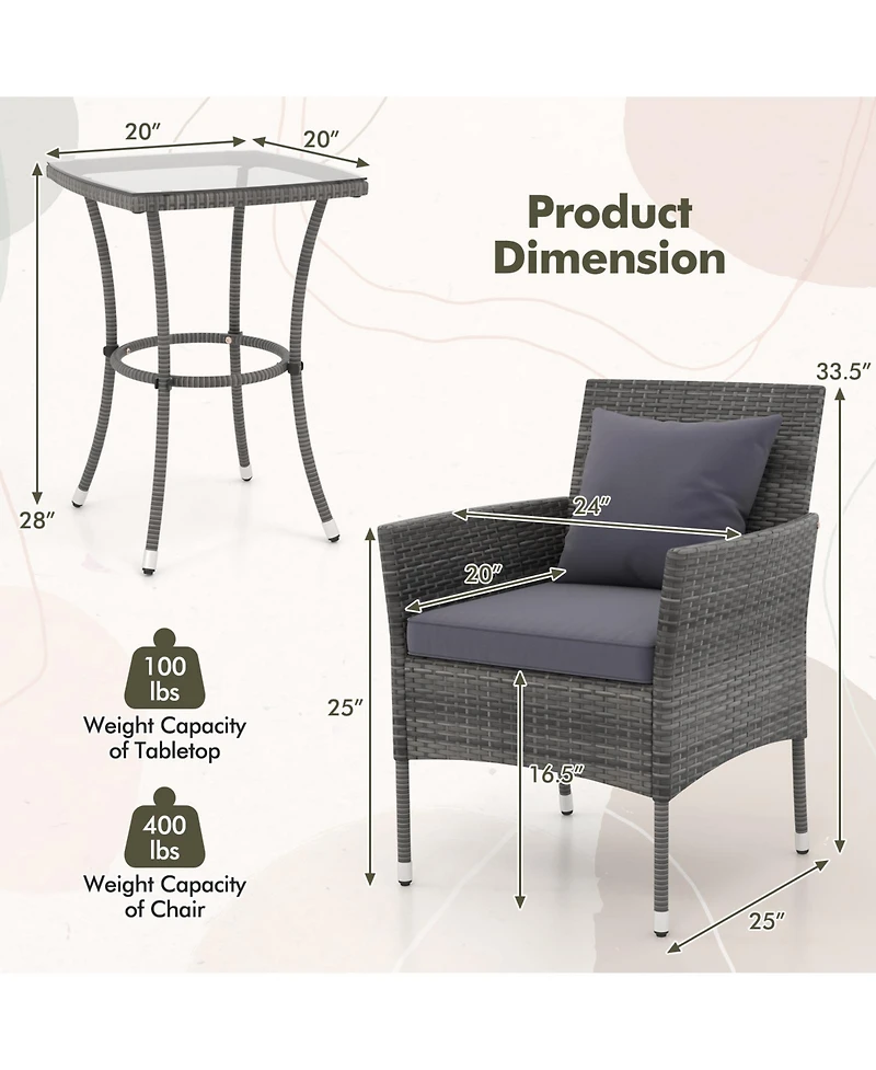 Slickblue 3 Pieces Patio Furniture Set with Cushioned Chairs and Tempered Glass Coffee Table