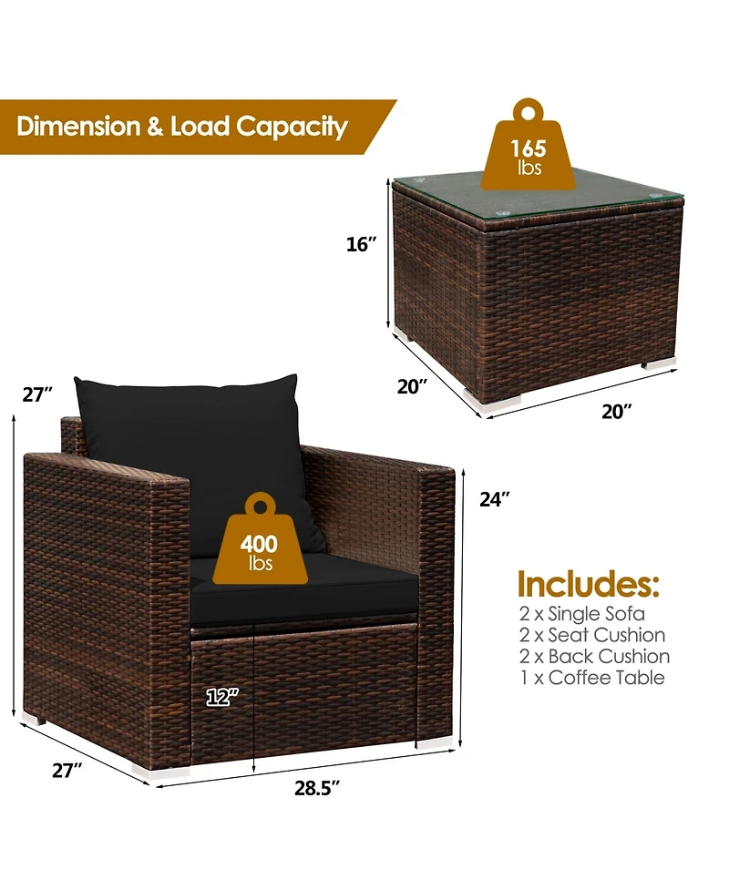 3 Pieces Patio Conversation Rattan Furniture Set with Cushion