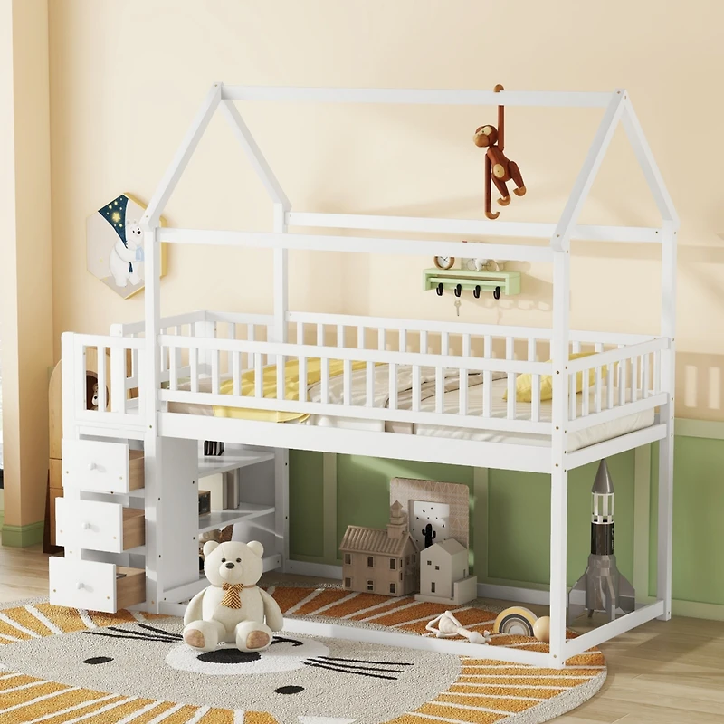 Simplie Fun Twin House Bunk Bed with Shelves, Drawers, and Playful Roof Design