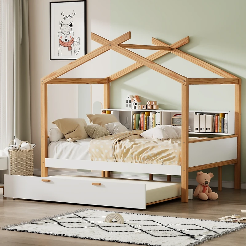 Streamdale Furniture Twin House Bed with Trundle & Bookshelves