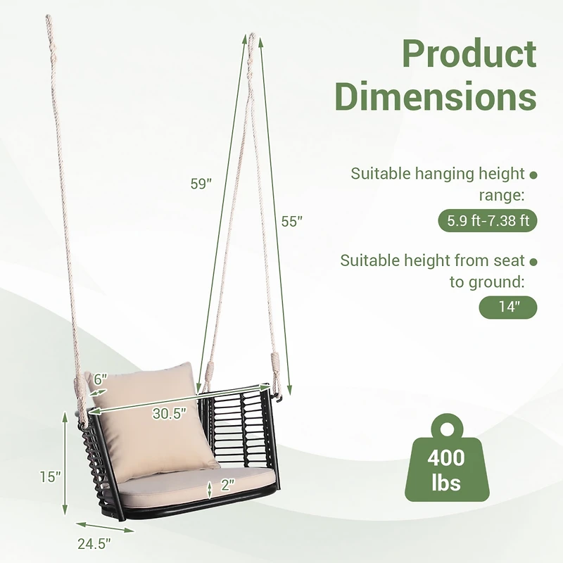 Slickblue Single Person Hanging Seat with Woven Rattan Backrest for Backyard