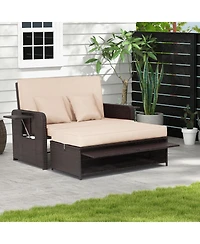 Slickblue Patio Rattan Daybed with 4-Level Adjustable Backrest and Retractable Side Tray-Brown