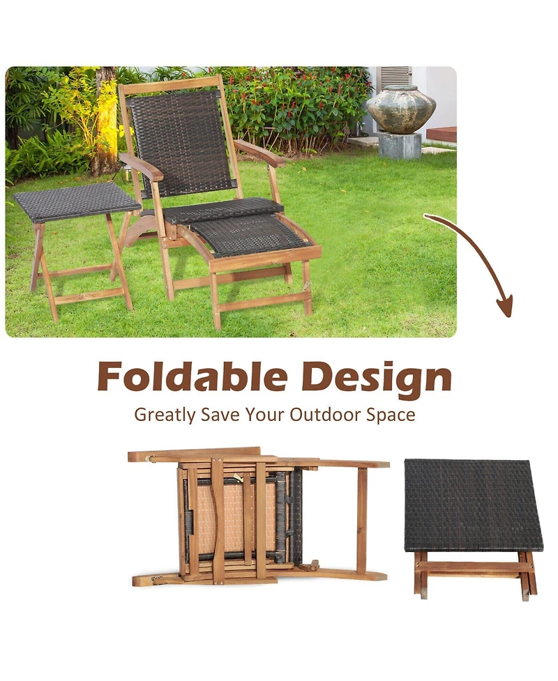 Slickblue 2 Pieces Patio Rattan Folding Lounge Chair with Acacia Wood Table