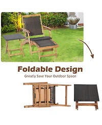 Slickblue 2 Pieces Patio Rattan Folding Lounge Chair with Acacia Wood Table