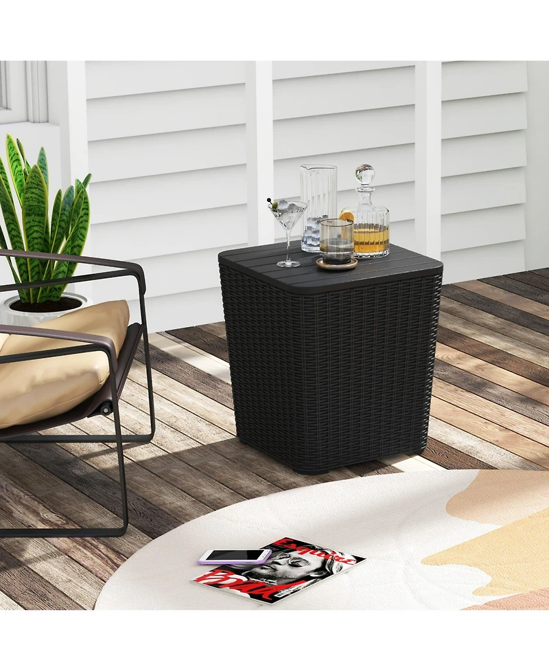 Slickblue Outdoor Resin Storage Side Table with Removable Lid and Wicker-woven Accent