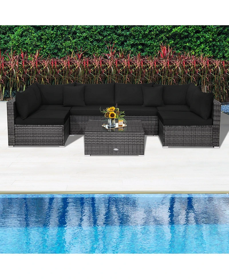 7 Pieces Patio Rattan Furniture Set with Sectional Sofa Cushioned
