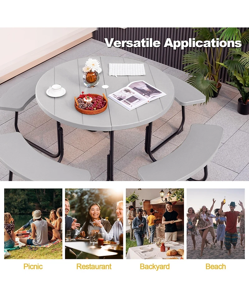 Outdoor 8-person Round Picnic Table Bench Set with 4 Benches & Umbrella Hole