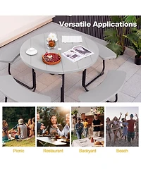 Outdoor 8-person Round Picnic Table Bench Set with 4 Benches & Umbrella Hole