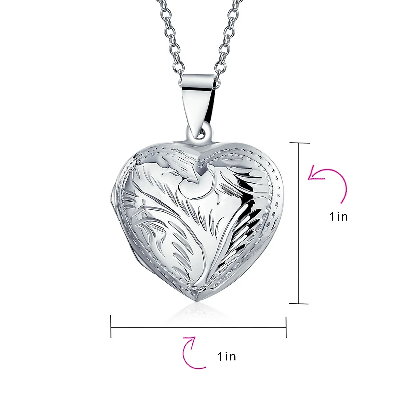 Bling Jewelry Simple Plain Keepsake Domed Puff carved Leaf Heart Shaped Photo Locket Holds Photos Pictures Silver Necklace Pendant Large