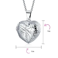 Bling Jewelry Simple Plain Keepsake Domed Puff carved Leaf Heart Shaped Photo Locket Holds Photos Pictures Silver Necklace Pendant Large