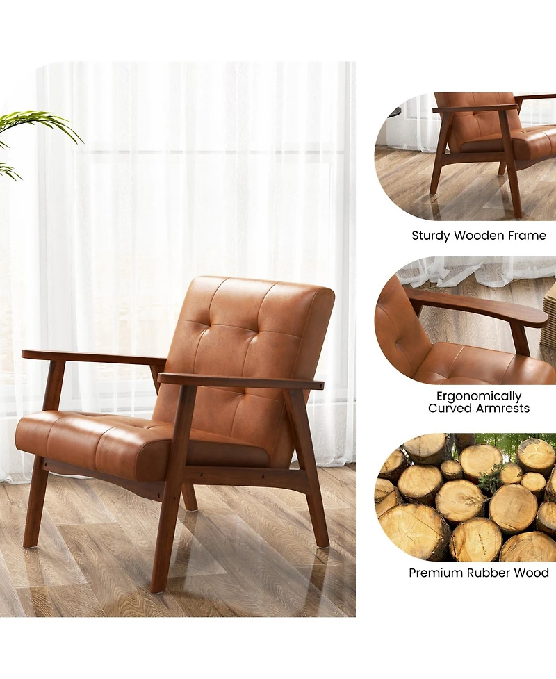 Mid Century Modern Accent Chair with Solid Rubber Wood Frame and Leather Cover-Brown