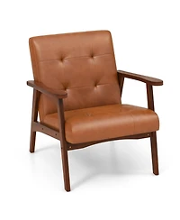 Mid Century Modern Accent Chair with Solid Rubber Wood Frame and Leather Cover-Brown