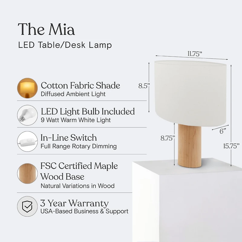 Mia Led Table Lamp with Maple Wood Base, Bulb Included (16")