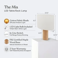 Mia Led Table Lamp with Maple Wood Base, Bulb Included (16")