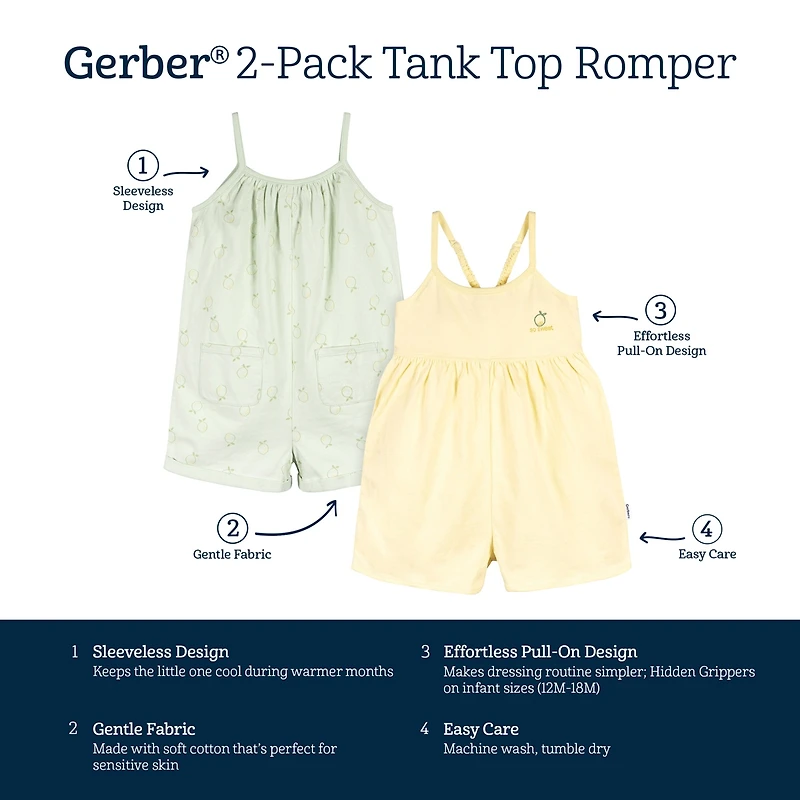 Gerber Toddler Girls Sleeveless Romper Jumpsuit, 2 Pack
