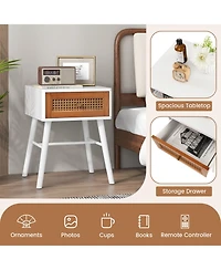 Slickblue Rattan Nightstand Mid Century Modern Accent Table with Drawer-White