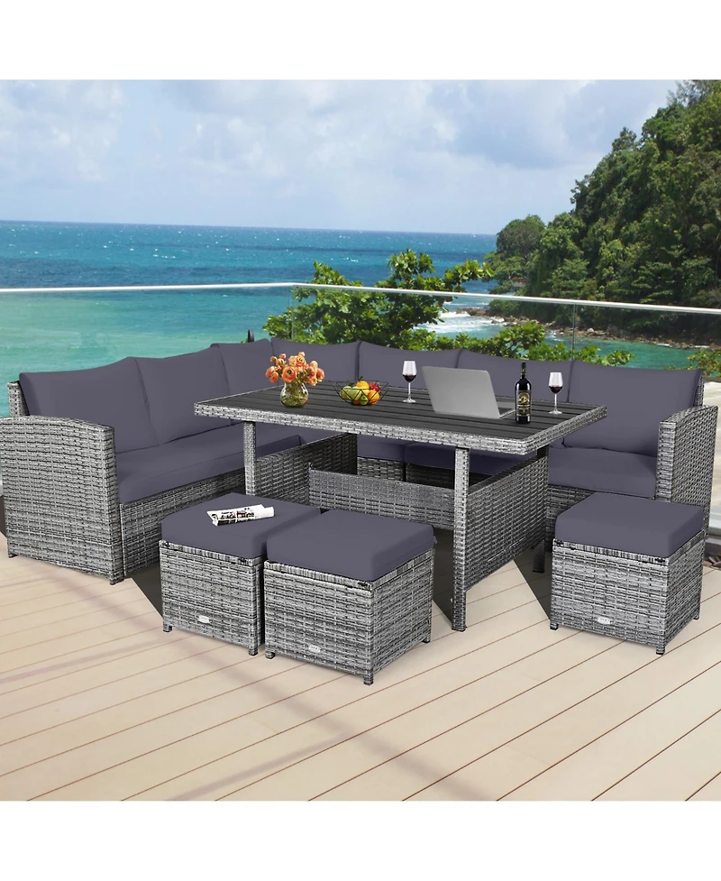 7 Pieces Patio Rattan Dining Furniture Sectional Sofa Set with Wicker Ottoman-Grey