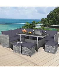 7 Pieces Patio Rattan Dining Furniture Sectional Sofa Set with Wicker Ottoman-Grey