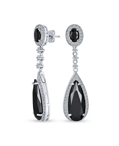 Bling Jewelry Classic Art Deco Style Halo Linear Long Cz Statement Dangle Teardrop Chandelier Earrings Silver Plated