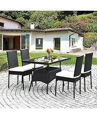5 Pieces Rattan Dining Set with Glass Table and High Back Chair