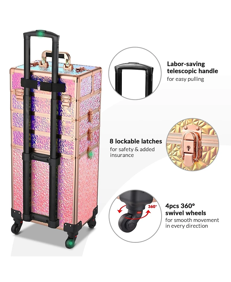 Byootique 4in1 Rolling Makeup Train Case w/ Manicure Table Nail Desk Wheels