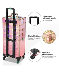 Byootique 4in1 Rolling Makeup Train Case w/ Manicure Table Nail Desk Wheels