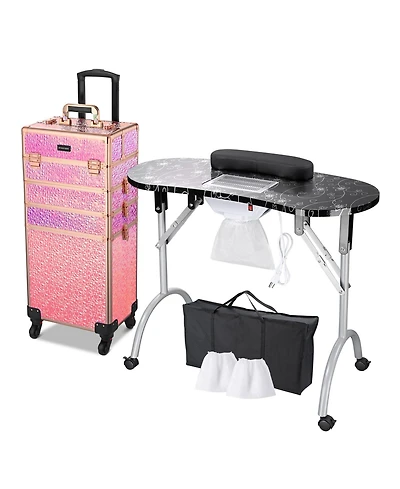 Byootique 4in1 Rolling Makeup Train Case w/ Manicure Table Nail Desk Wheels