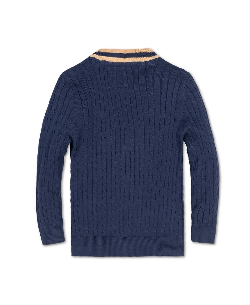 Hope & Henry Boys Organic Long Sleeve Cable Knit Cardigan Sweater with Stripe Trim