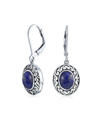 Bling Jewelry 3CTW Natural Stones Oval Bezel Set Lever Back Dangle Earrings Oxidized .925 Sterling Silver