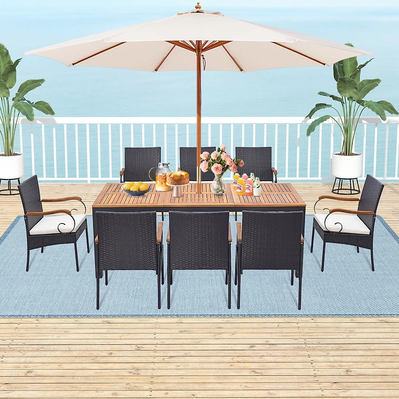 Costway 9 Pcs Patio Rattan Dining Set with Acacia Wood Table, Cushions, 1.9" Umbrella Hole