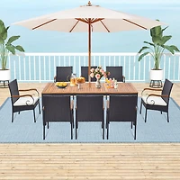 Costway 9 Pcs Patio Rattan Dining Set with Acacia Wood Table, Cushions, 1.9" Umbrella Hole